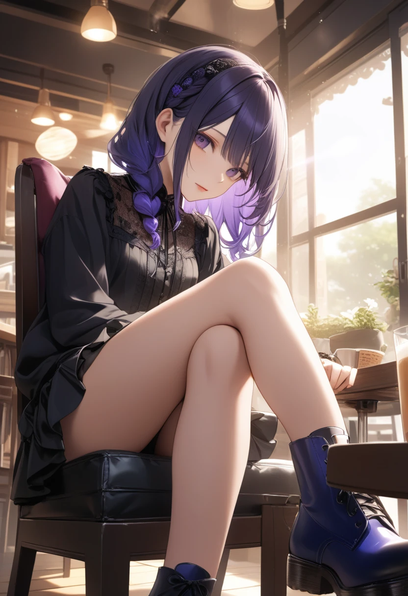 One,Cute  girl、((Gothic Fashion、Thick rubber sole))、(Indigo hair color、Purple inner color hairstyle、Straight Hairstyles), Beautiful Hair, Facial Contour, Remember, Cafe, splash, Lens Flare、sunlight、illumination、Natural Color, High resolution, Very delicate, Very detailed, 8k、Shyness,((Sexual)),((Sexy feeling)),Sitting in a chair、Angle of view from the foot