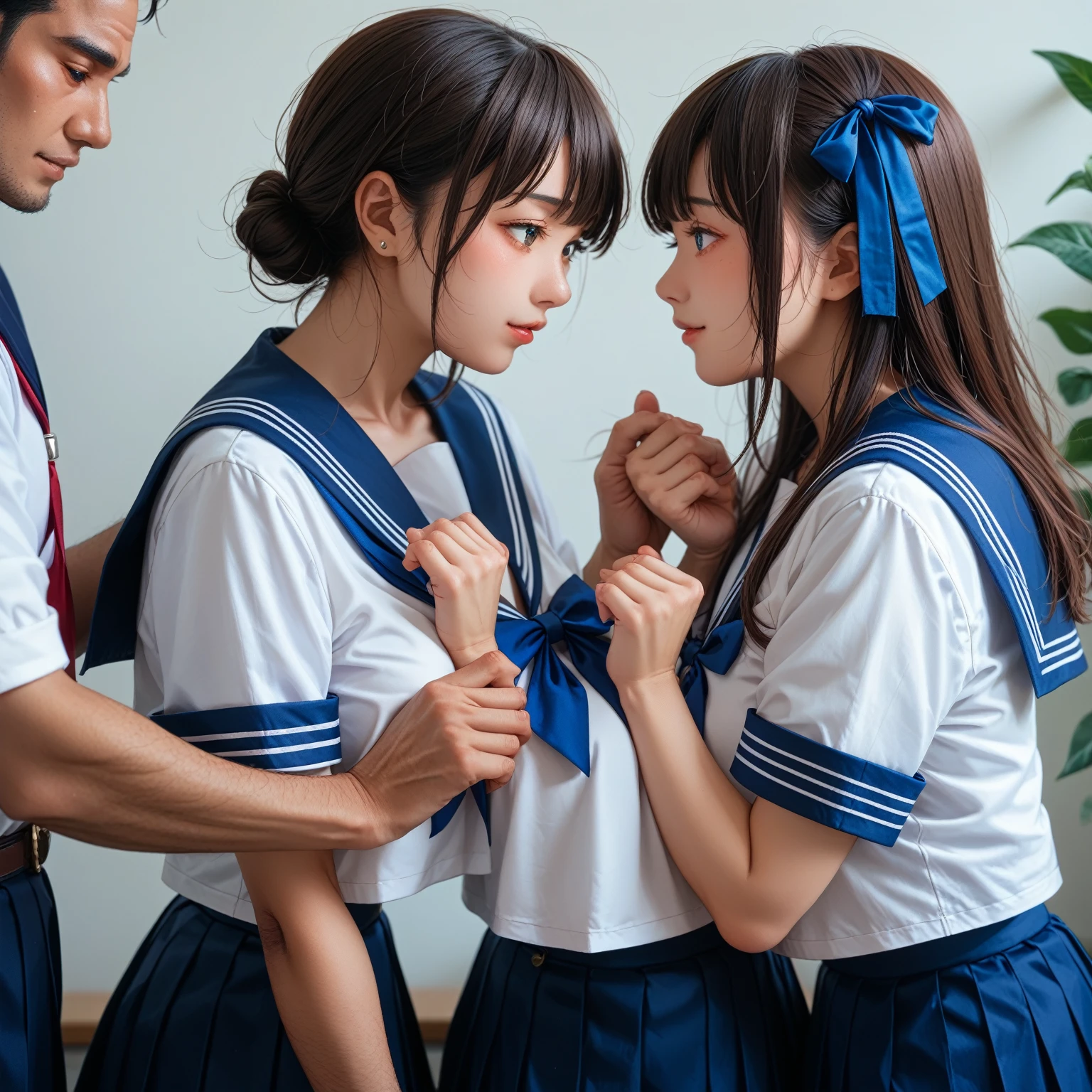 (1 man:1.5),1 girl、Female idol handshake event、Women are cute、AKB48、NOGIZAKA46、Woman in sailor suit、The woman is wearing a sailor uniform, blue ribbon and a blue pleated miniskirt.、Women&#39;s white socks and loafers、、Small breasts、Beautiful Face、slim、Women have bob cuts、Woman standing、One man、Man is a college student、The man is wearing a white shirt, jeans and white sneakers、handshak,(A man is shaking hands with a female idol:1.5)、smile、There is a table between the man and the woman、Bright venues、A man is waiting in line、Side angle、fullbody、A handshake event is indoor、hotel room、face to face,(from side,profile, looking at another,thank you pattern background,fantasy world),