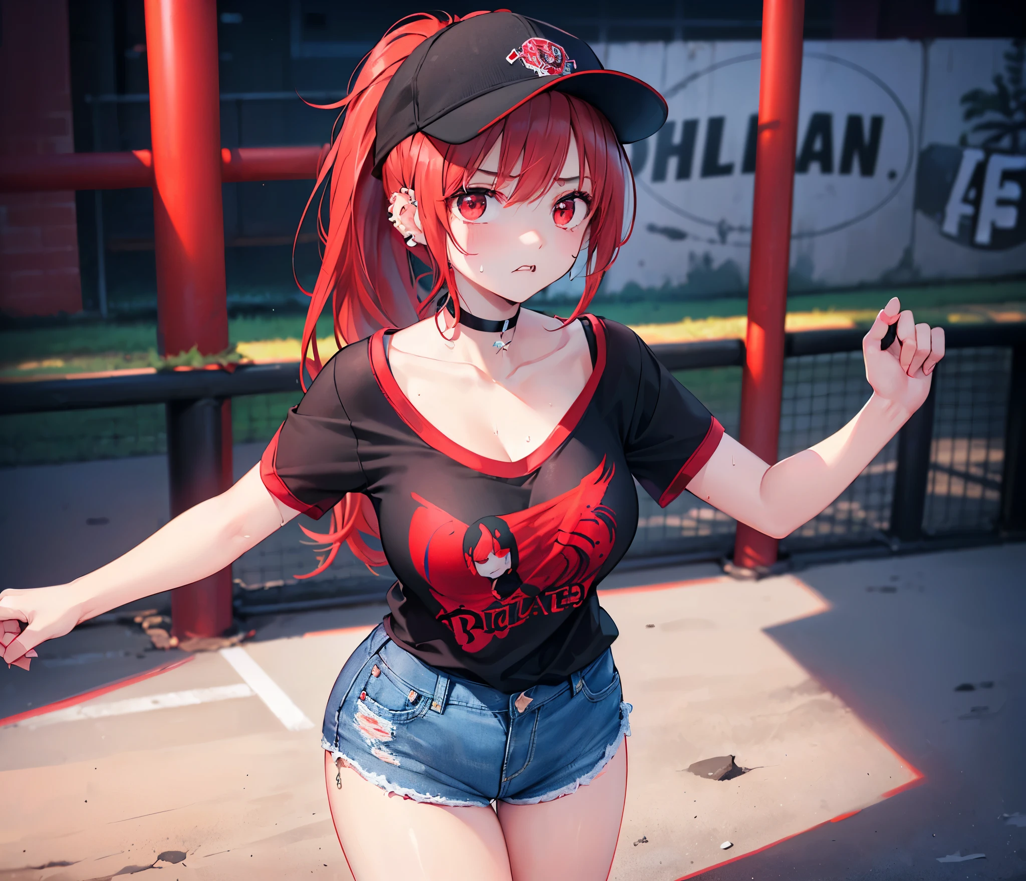 (Close-up:1.3),Realistic,Highest quality, Ultra Detail, High-quality CG rendering, The most delicate and beautiful, Floating softly, High resolution, (1 girl), (Highest quality,4K,8K,masterpiece:1.2),(All red hair:1.5), (ponytail:1.5),(Red eyes:1.5),(Slightly larger breasts:1.2 (All black T-shirt:1.3),(Black skinny jeans:1.3),(Black baseball cap:1.3),(Pitch black choker:1.3),(In the city,old buildings,(Sitting on a bench:1.3),smile