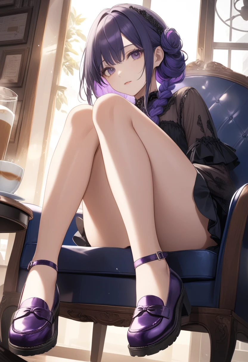 One,Cute  girl、((Gothic Fashion、Thick rubber sole))、(Indigo hair color、Purple inner color hairstyle、Straight Hairstyles), Beautiful Hair, Facial Contour, Remember, Cafe, splash, Lens Flare、sunlight、illumination、Natural Color, High resolution, Very delicate, Very detailed, 8k、Shyness,((Sexual)),((Sexy feeling)),Sitting in a chair、Angle of view from the foot