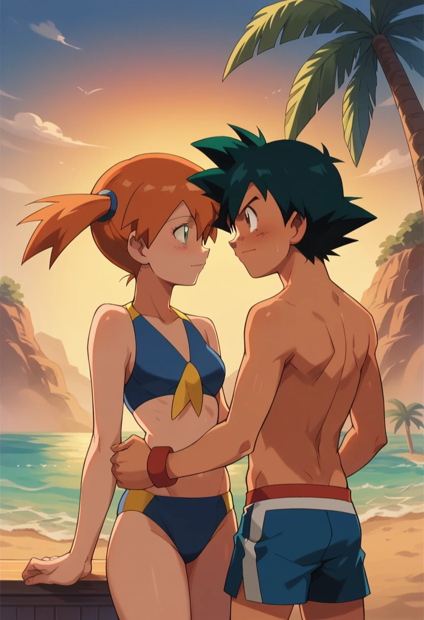 1boy, ash ketchum, black hair, brown eyes, hair between eyes, ash ketchum, shirtless, male swimwear, handsome boy, macho, good looking boy, his hand is against a palm tree 1girl, misty pokemon, orange hair, green eyes, blue swimsuit, blue bikini, pretty, beautiful girl, she's cornered against a palm tree, her hand is on his chest photograph of a 18 years couple, on beach, at sunshine, sunset, they're showing off their love and affection for each other, they're caressing, intimacy, looking at each other, he's flirting with her