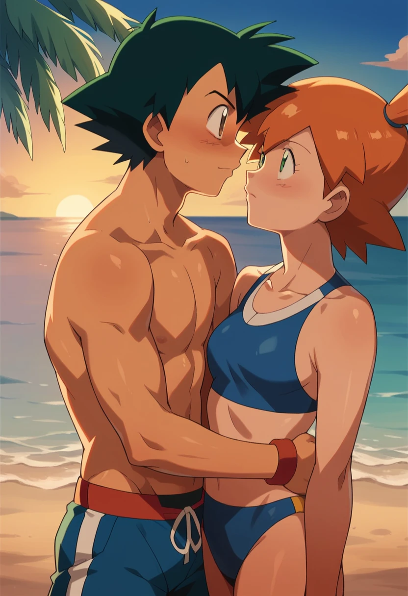 1boy, ash ketchum, black hair, brown eyes, hair between eyes, ash ketchum, shirtless, male swimwear, handsome boy, macho, good looking boy, his hand is against a palm tree 1girl, misty pokemon, orange hair, green eyes, blue swimsuit, blue bikini, pretty, beautiful girl, she's cornered against a palm tree, her hand is on his chest photograph of a 18 years couple, on beach, at sunshine, sunset, they're showing off their love and affection for each other, they're caressing, intimacy, looking at each other, he's flirting with her