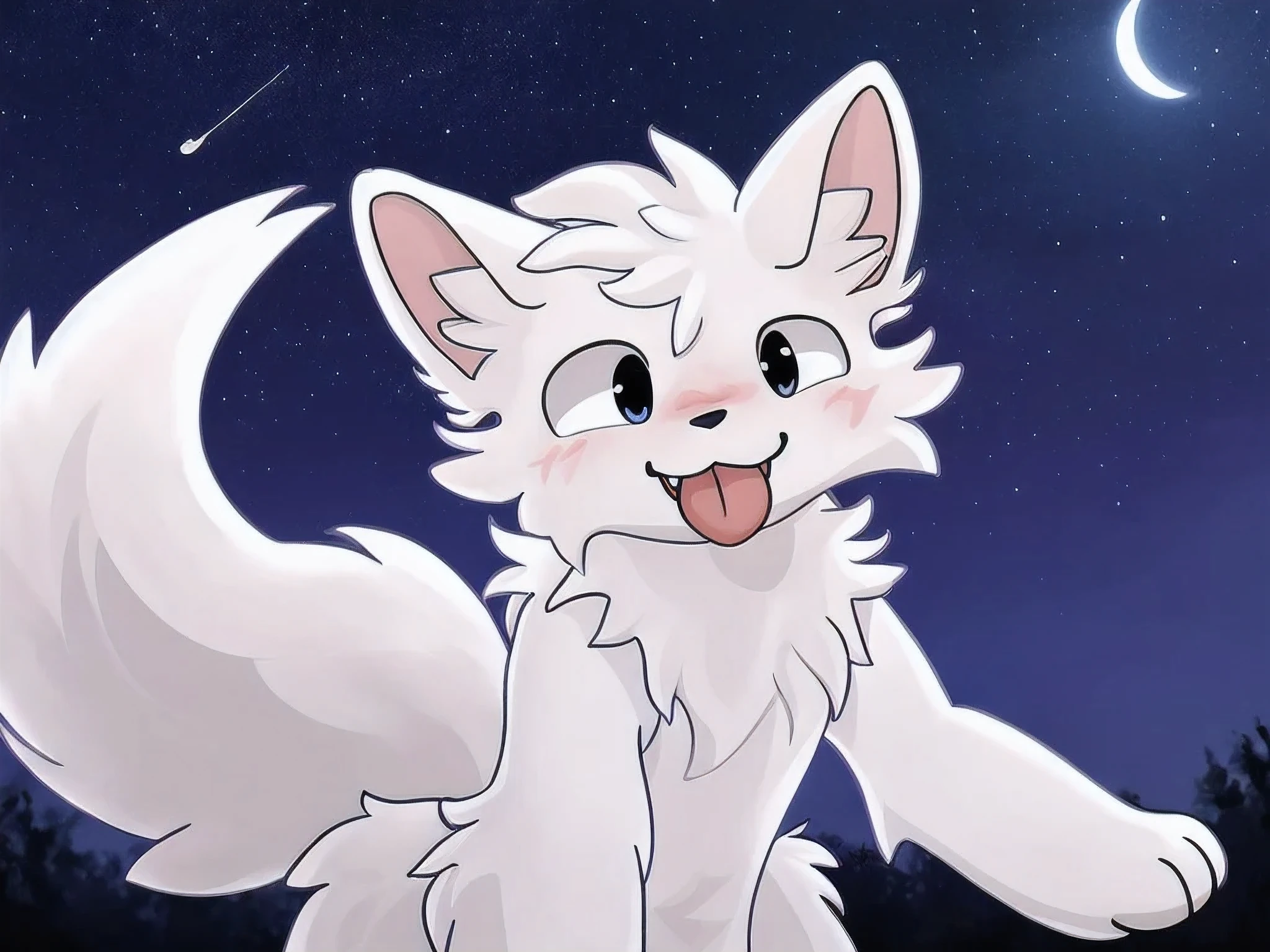 chicokisserfur, White fur, white body, smiling, realistic fluff, chicokisserfur, detailed fur, well shaded, detailed shading, night sky, depth preseption, depth,  Sticking out tongue, Shine Perverted Face with Blushing Face w Mode Full Body Femboy Mode