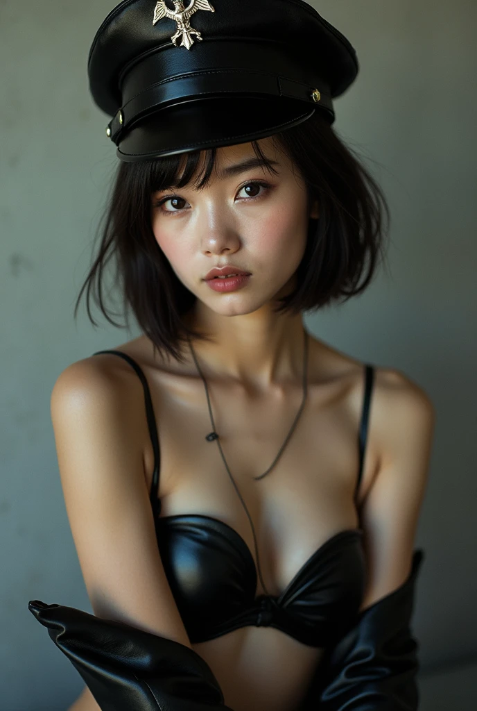 real photograph, Dreamy atmosphere, Studio shot、Upper body portrait、Angle from below、(Black leather corset:1.4), (Big and ample breasts:1.6), Focus on the chest、Slim Body Enhancement、Realistic、Highly detailed cute girl、alone、1、Japanese、pretty face, Big and ample breasts、Black Hair、bob Hair, Thick bangs、Hair dancing in the wind、Plain black wallpaper for backgrounds、Out of focus、Blur、