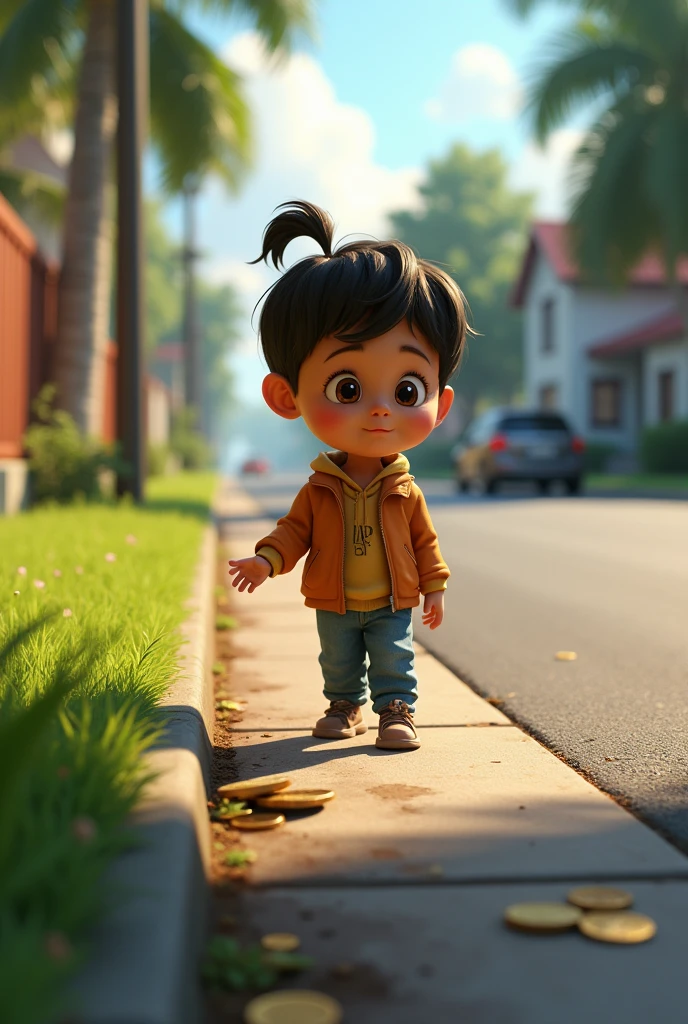 Image of a child on the street outside his house walking towards her