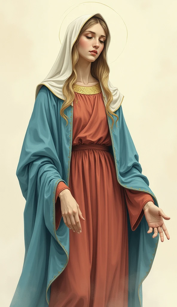 Very Virgin Mary, Reddish beige loincloth with blue cloak and veil,Looking at the camera, whole body, Halo, Looking into the camera, Moist eyes