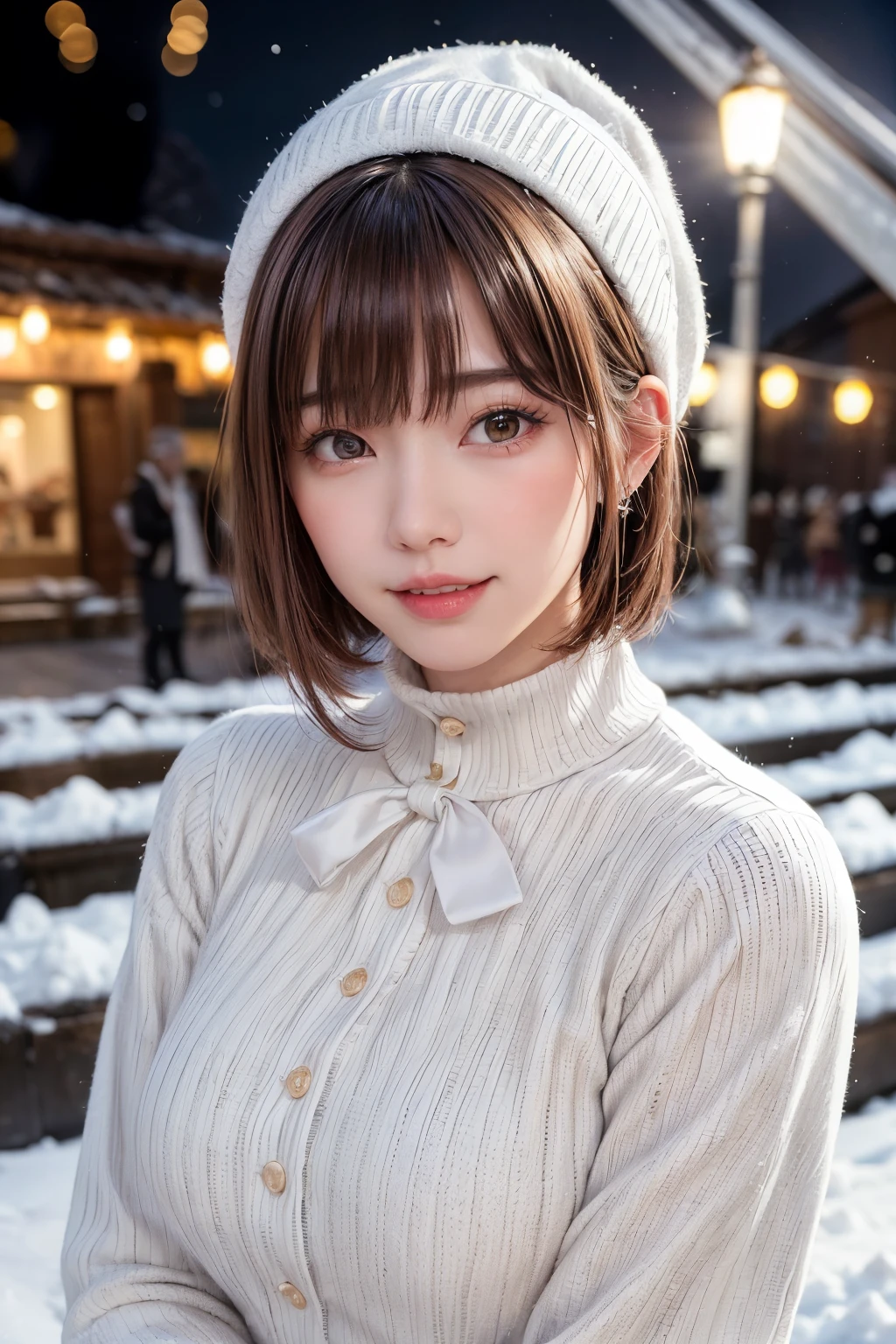 (masterpiece, Highest quality),One Girl, alone, Black-haired, scarf, Have, Realistic, Realistic, Looking at the audience, Light-coloured black eyes, Short brunette bob, Brown coat, Winter clothes, White headscarf, lips, prohibit, Plein Air, Mouth closed, Upper Body、Big eyes、eyelash、((Beautiful landscape with sparkling snow、Large snowflake motif、A beautiful snowy scene with no people around))、(((Short bob hair with bangs、Shiny Hair、Big eyes、large full chest、Highlights the eyes、Gazing at the audience、Beautiful beauty、Listen carefully、Long neck、Laugh a little、Please close your mouth and laugh、Ideal body type)))、{Huge|big|Hugeな|Mega} chest:2, chestの谷間:2、Very cute smile