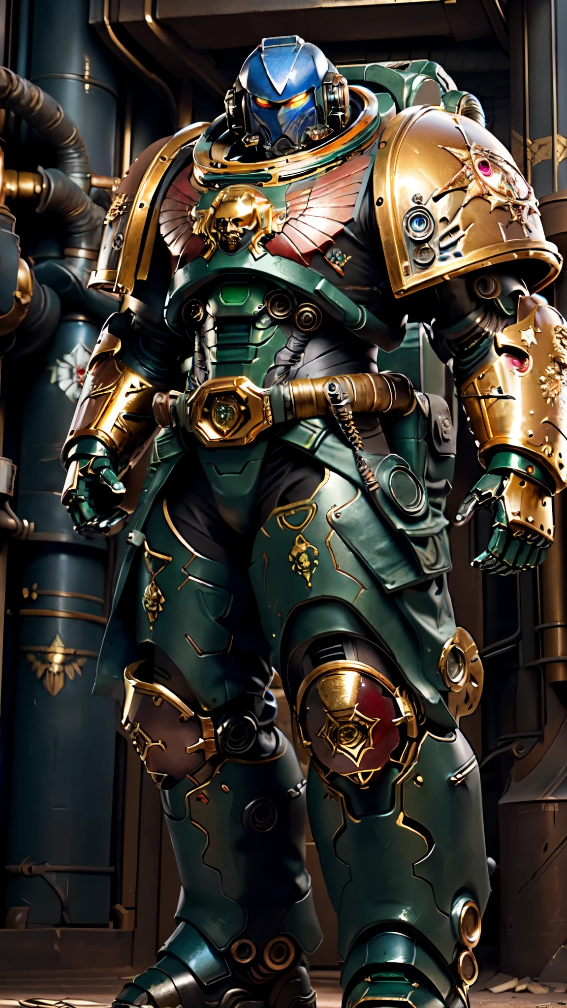 (masterpiece:1.5, best quality:1.5, extremely delicate:1.5), ((male:1.5)), a man wearing a full-face helmet, a biotech armored combat suit, green eyes, (a composite layered chest armor), fully enclosed shoulder guards, matching arm and leg guards, a belt of gemstone, (the color scheme is primarily Blue with Red and Green accents), the design balances heavy with agility, a high-tech bio-mecha armor, (Armor Concept Inspired by Space Marines, stand of a futuristic sci-fi city), this character embodies a finely crafted fantasy-style armored hero in anime style, exquisite and mature manga art style, (element, plasma, energy, the armor glows), metallic, high definition, highres, ultra-detailed, ultra-fine painting, professional, perfect body proportions, golden ratio, anatomically correct, symmetrical face, extremely detailed eyes and face, high quality eyes, creativity, RAW photo, UHD, 32k, Natural light, cinematic lighting, masterpiece-anatomy-perfect