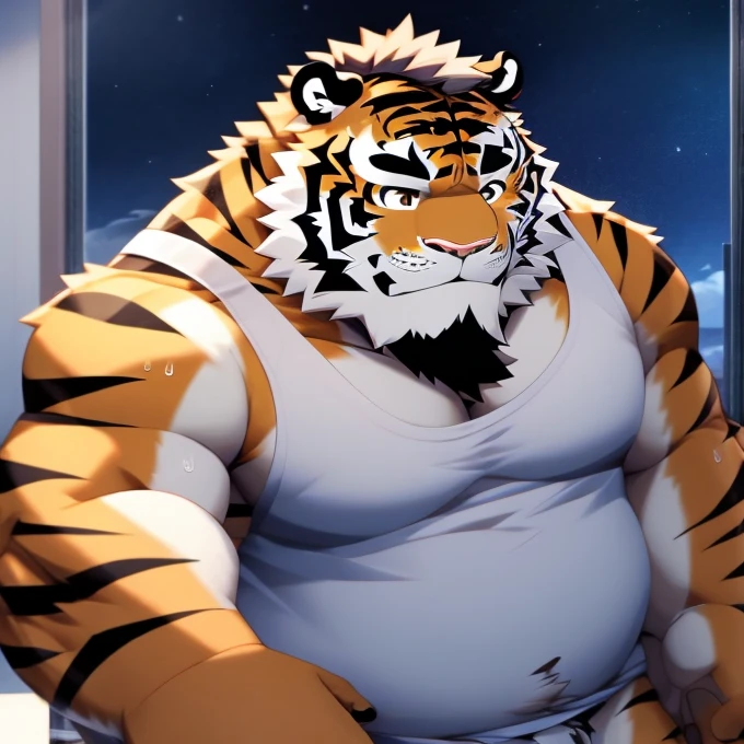 masterpiece, ultra detailed, very aesthetic, highest quality, ultra-high resolution, realistic, 16K, beautiful detailed, perfect solution, absurdists, anime style, aid210, nj5furry, [face:full body:0.25], from above, BREAK ((plump middle-aged tiger man)), Muscular anthlo, body hair, ((hairy skin)), fluffy, pubic hair, sweating, (detailed brown nipples:0.8), (blood vessel:-0.8), (glowing Skin:-0.7), (chest hair:0.5), (1 tail), (a beautiful and detailed small tail), (beautiful black nails down to the last detail:1.2), ((brown eyes)), one eye closed, beautiful beard, beautiful ears, (male face:1.3), (big face:0.5), square jawline, (Male Eyes:1.2), (sharp eyes:0.8), (big eyes:0.5), male eyebrows, (innocent look:0.5), BREAK (complete Anatomy), (detailed face:1.3), beautiful face, (detailed body), (detailed penis:1.4), (detailed testicles:1.4), (beautiful hands:1.2), (detailed fingers:1.2), (detailed eyes:1.1), (beautiful Eyes:1.1), arm details, leg details, beautiful feet, BREAK little smile, ((white brief, white tanktop)), standing, relaxation, BREAK [simple background::0.25], night sky, changingroom, indoor, (faint light),