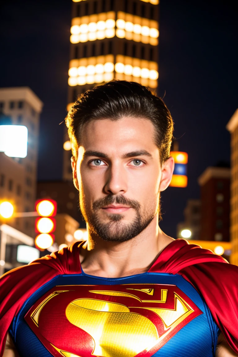 1 muscular man in a Superman suit, long red cape, 30 years，small beard, sexy and charming expression.，gloomy eyes，blue eyes, with arms crossed on the street of a night city, NY, at night, professional, front view, sharp focus, well balanced exposition.