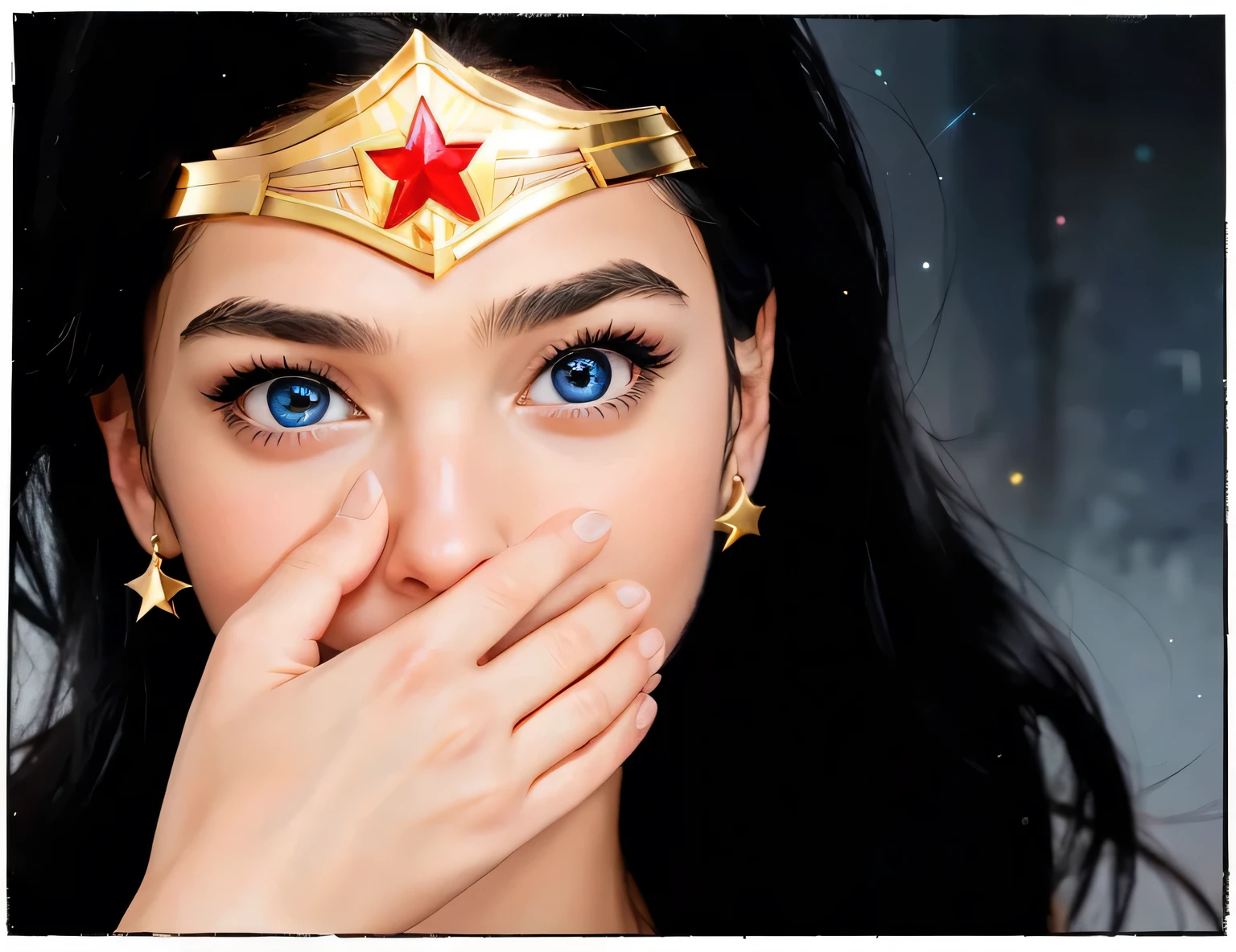 (best quality, masterpiece:1.2) 1girl woman in her 40 years, face close-up, long black hair, blue eyes, covering mouth surprised, star earring, wonderwoman as gal gadot, wearing golden tiara, metal background, realistic