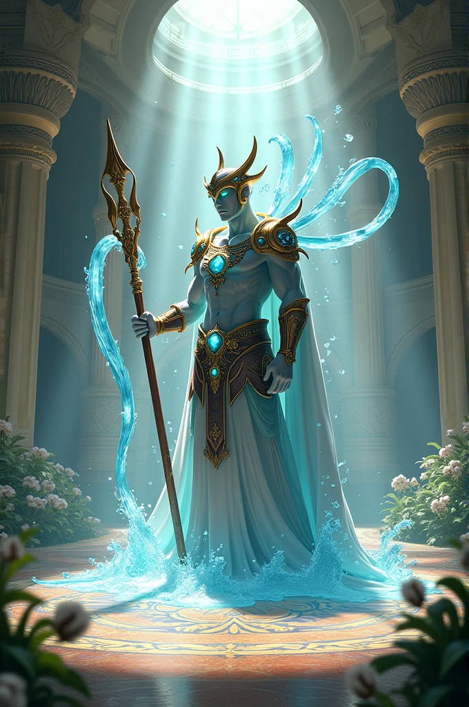 A full body portrait of a very strong and fitted mighty Triton under the sea, long waivy hair, with a neon Trident in his hand, acrylic painting, cgi, hyperrealistic, magical, mythological king, beach environment, futuristic city environment, futuristic environment holding a neon trident, golden skin, standing, background (ornate palace fantasy, intricate, elegant, highly detailed, digital painting, art station, concept art, soft, clear focus, illustration, artwork by Gaston Bussiere and Alphonse Mucha, panorama, UHD, masterpiece, ccurate, textured skin, super detail, high details, high quality, highres, best quality, award winning, 8k, cinematic lighting