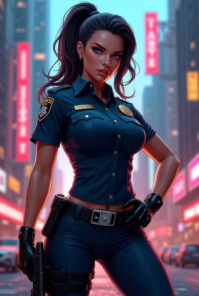 asian 1girl, (Blue Eyes), (angry face :1.2), (Sana Minatozaki), wide hips, Big tits, big ass, (Best Quality, 8k, Masterpiece: 1.3), Clear Focus: 1.2, Perfect Body Beauty: 1.4, strong abs :1.2, Highly detailed face and skin texture, detailed eyes, double eyelids, (black lined eyes :1.1), red lips, (blond long hair :1.2), black latex pants, sexy police uniform, police shirt, police badge, Police cap, gun belt, standing, hands on the hips :1.3, on the streets of new york at night, blurred background