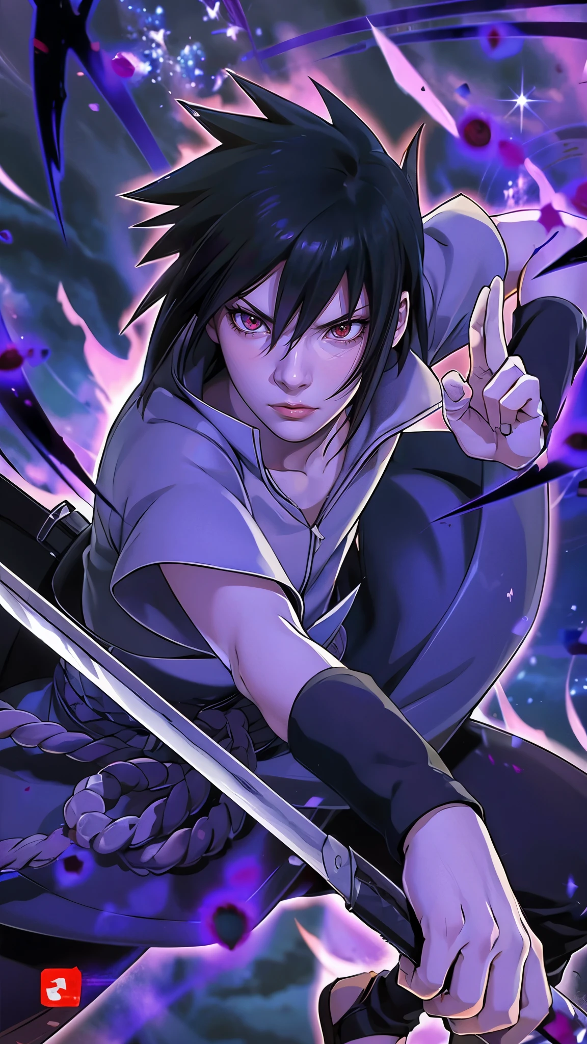 Realistic and detailed (((Rinnegan on right eye))) and (((sharingan on left eye))),  The illustration features a character resembling Sasuke Uchiha with spiky black hair and intense red eyes. He is dressed in a light grey shirt with a high collar, dark pants, and a distinctive purple rope belt tied around his waist. In his right hand, he holds a sword with a gleaming blade, while his left hand forms a precise hand sign. The background is dark, filled with swirling purple and black energy, creating an ominous and powerful atmosphere. Glowing purple orbs and sparkles float around the character, adding a mystical touch. His expression is serious and focused, capturing his determined demeanor. In the bottom right corner, a red and white logo with Japanese characters adds a finishing touch to the scene, emphasizing its authenticity.