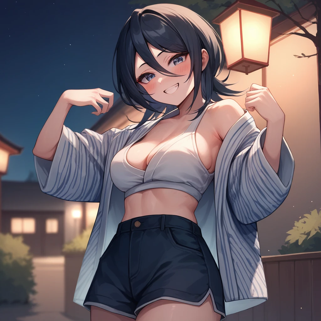 (masterpiece), 1girl, best quality, perfect face, rukia kuchiki, black hair, blush on cheeks, mischievous look, morbid look, in the party, yukata, tight shorts, slim and sexy body, black hair, meaty thighs, sexy pose, in the park, sexy girl, kicked, happy smile, bare abdomen, open neckline, big breasts, night