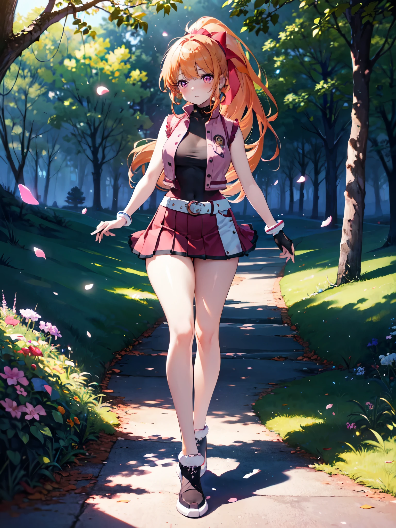 Realistic image, Detailed image, Coherent image, 1 girl, pink eyes, orange hair, long hair, styled in a ponytail, blushing, cheerful, She has a curvy body, medium breasts and thick thighs, She is wearing a sleeveless shirt, pleated miniskirt with embroidery, She is posing sensually, walking, flower petals falling, full body view, soft focus, dramatic shadows, volumetric lighting, natural lighting, background of a park full of trees and flowers