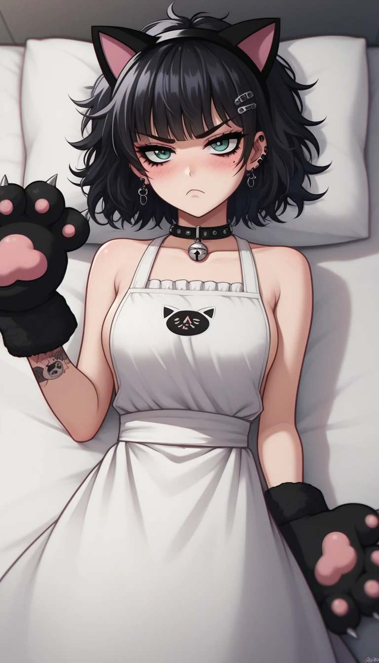 E-girl, egirl, Disheveled hair, misaligned hair, by Puru, emo anime girl, style anime, by Ei-Q, in an anime style, artwork in the style of guweiz, urban girl fanart, rukis,serious, short black hair with bangs, black hair accessories, light blush, Apron Only, Cosina Apron, Nude, fake cat ears, cat paw gloves, Crawling, Takeda Hiromitsu, Extremely blushing, tsundere, puchero, Messy bed