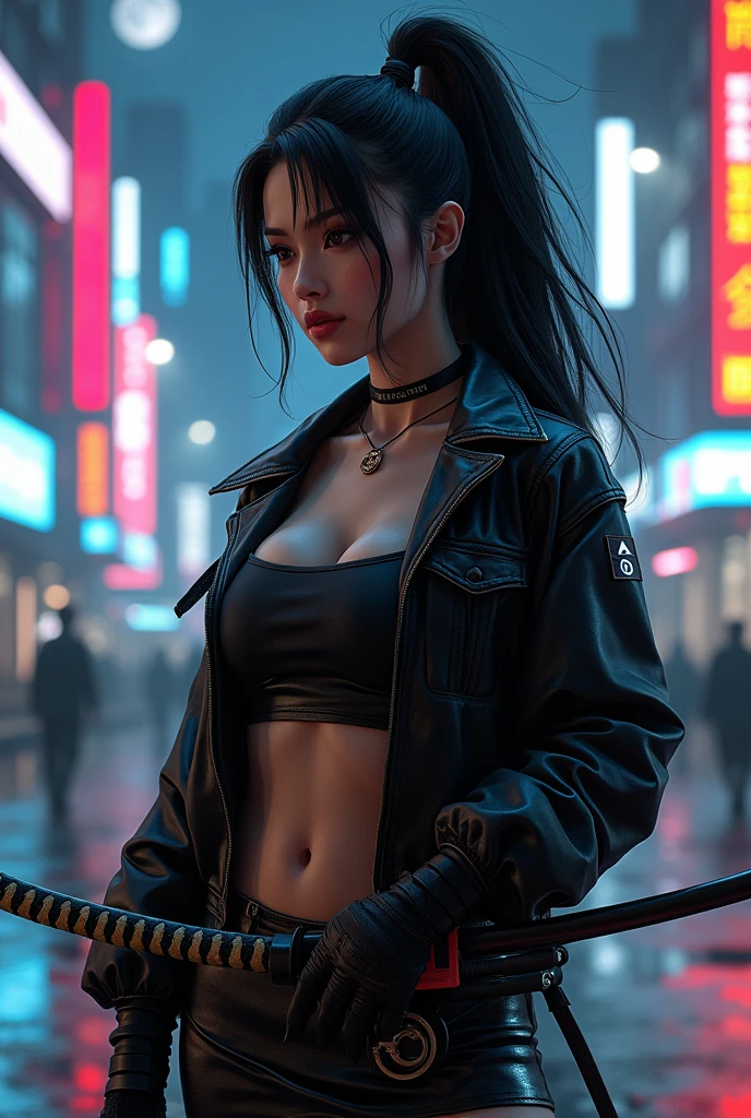 molly millions, portrait of a beautiful cyberpunk woman, sunglasses, shoulder long hair, cyberpunk, beach samurai, sunset, neuromancer, cyberpunk city background, megacity, gorgeous view, depth, high detail, digital art, painted by greg rutkowski, painted by seb mckinnon, trending on artstation