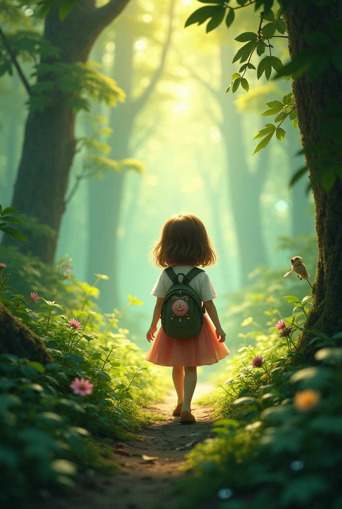 A curious  with bright eyes, wearing a dress and carrying a small backpack, exploring a forest