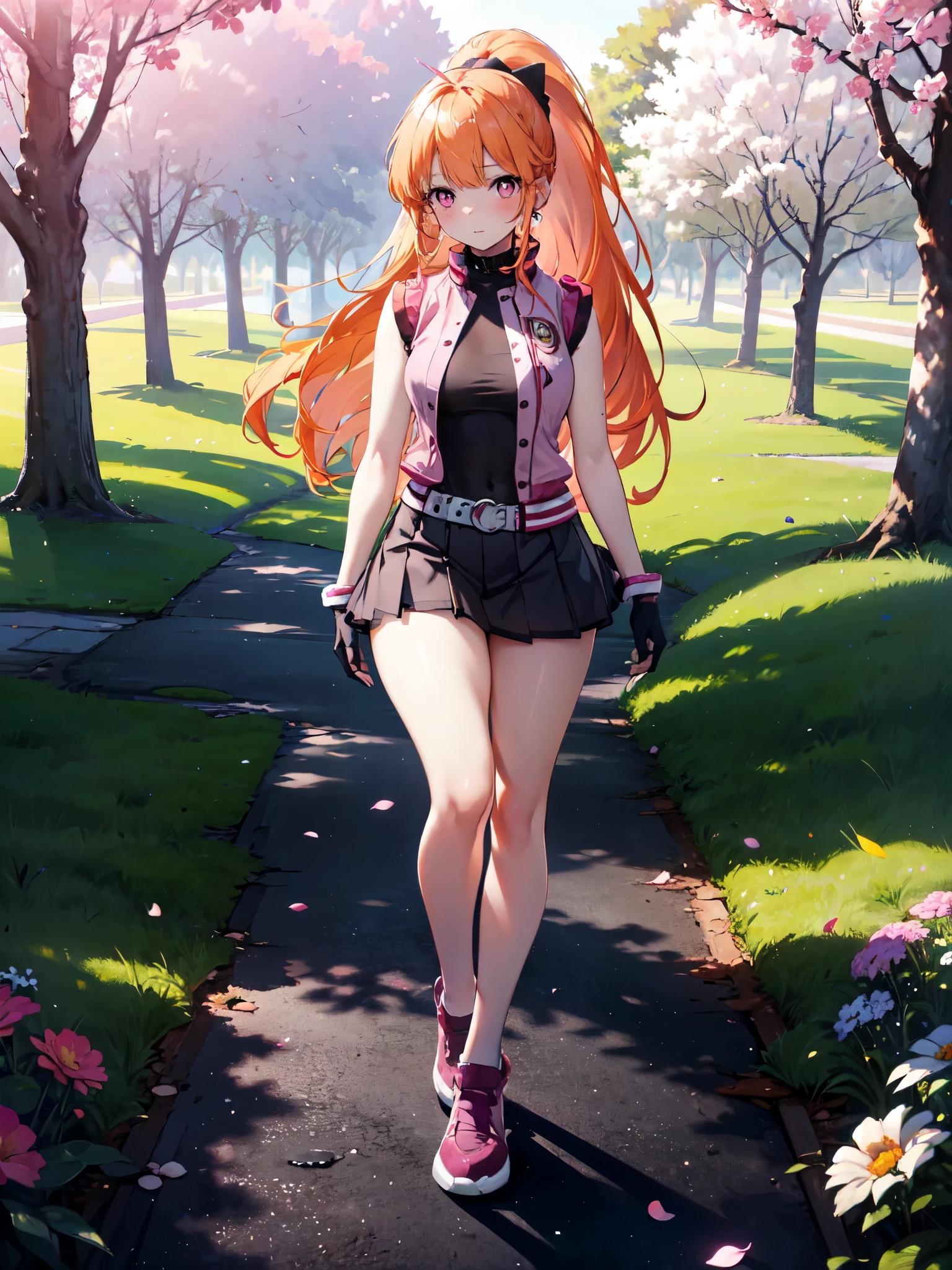 Realistic image, Detailed image, Coherent image, 1 girl, pink eyes, orange hair, long hair, styled in a ponytail, blushing, cheerful, She has a curvy body, medium breasts and thick thighs, She is wearing a sleeveless shirt, pleated miniskirt with embroidery, She is posing sensually, walking, flower petals falling, full body view, soft focus, dramatic shadows, volumetric lighting, natural lighting, background of a park full of trees and flowers