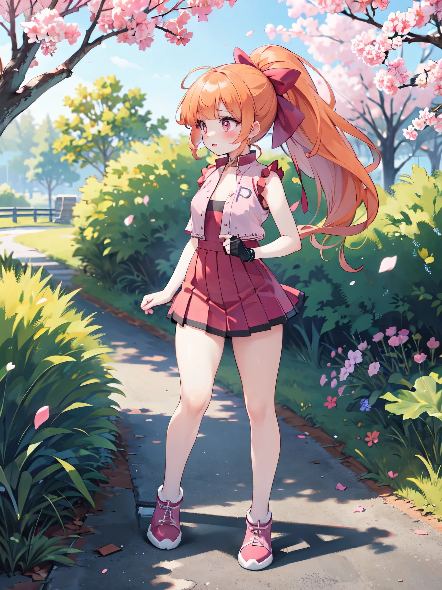 Realistic image, Detailed image, Coherent image, 1 girl, pink eyes, orange hair, long hair, styled in a ponytail, blushing, cheerful, She has a curvy body, medium breasts and thick thighs, She is wearing a sleeveless shirt, pleated miniskirt with embroidery, She is posing sensually, walking, flower petals falling, full body view, soft focus, dramatic shadows, volumetric lighting, natural lighting, background of a park full of trees and flowers