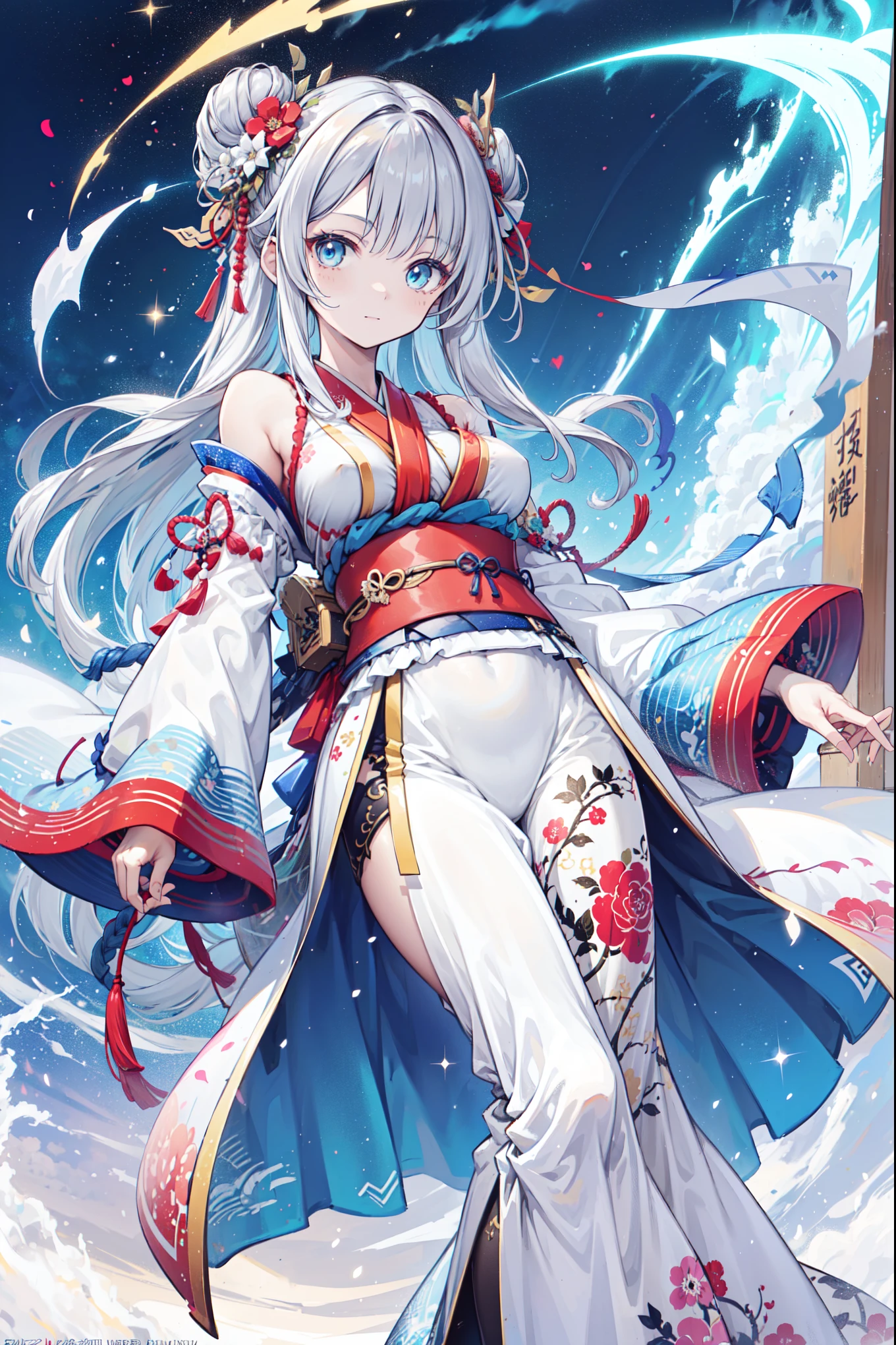 Masterpiece, fine detail, 4k, 8k, 12k, solo, one person, beautiful girl, white woman, setting image, light blue hair, short hair, tall, red eyes, black costume, Ainu costume, Ainu costume, Traditional attire