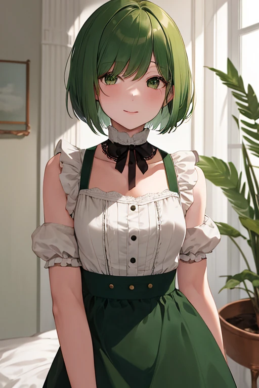 masterpiece, Highest quality, High resolution, One girl, alone, short hair, Green Hair, Bobcut, Maid&#39;s Headdress, blue eyes, Large Breasts, Frills, Vertical striped dress, Blue Dress, Short sleeves,  Black Pantyhose, Standing, Cowboy Shot, Arms on back, smile, 【Open your mouth, Leaning forward, Outdoor, Cherry Blossom, Browsing Caution.