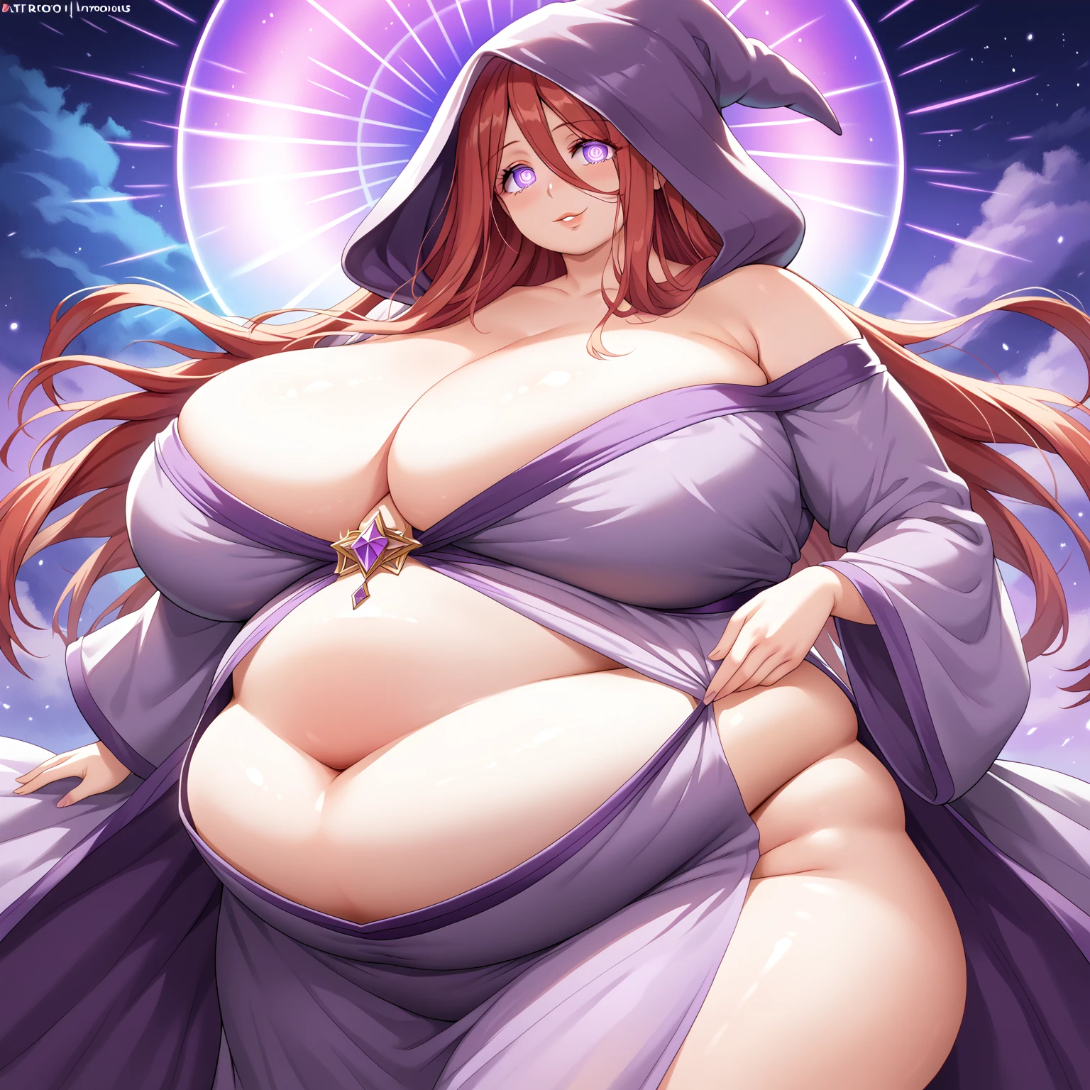 a sexy obese ssbbw anime sorceress, 1girl, female, milf, mature, motherly, plump face, extremely detailed fat legs, extremely voluptuous, curvy, beautiful detailed eyes, beautiful detailed lips, red hair, ((wearing long violet gown)), wearing hood, voluminous gown, flowing gown, covering gown, hooded, cute face, purple glowing anime eyes, human face, moe eyes, happy expression, massive breasts, fat belly, human figure, pale white skin, extremely detailed eyes and face, long eyelashes, extremely detailed skin texture, dynamic pose, sorceress robes, flowing robes, grimdark, gown covers belly, belly covered by gown, vibrant colors, masterpiece, highly detailed, painting, slim face, large eyes, wizard tower background, anime art style