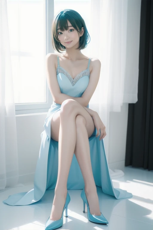 length, Thin legs, Woman with sky blue hair、Sit down、Legs crossed, Tight light blue suit, Dress appropriately, Elegant legs, Wear white high heels，girl, so beautiful, long and Thin legs, 