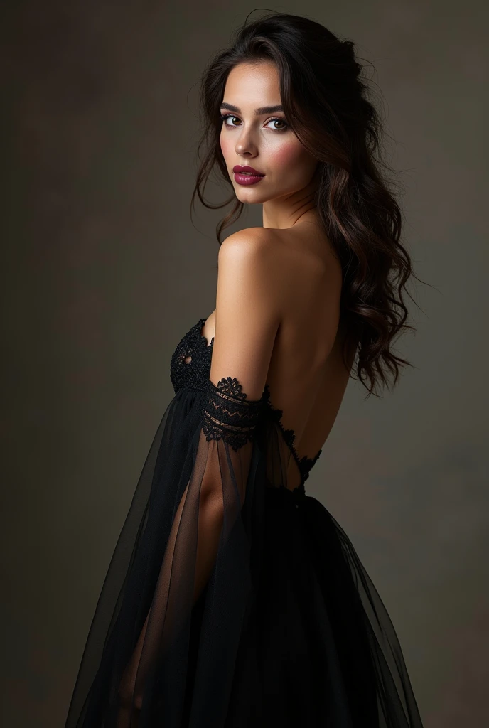 **Digital painting of a gorgeous and beautiful French model with long dark hair cascading down her back and a serious expression on her face. The woman is wearing a loose off-the-shoulder dress that combines shades of dark blue to violet, with intricate patterns and a transparent overlay. The background is an abstract mix of soft, muted colors with paint splatters, giving the image a dreamlike and ethereal quality. The overall composition is dynamic, and the woman's hair and dress appear to be in motion, adding a sense of movement to the artwork**
