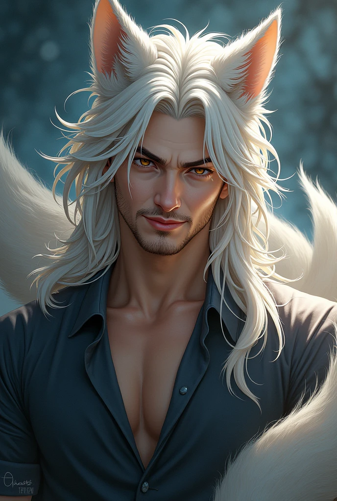 Male with light beard, flowing white hair, has wolf ears, has wolf tail, shirtless, happy, playful, in cyberpunk outfit