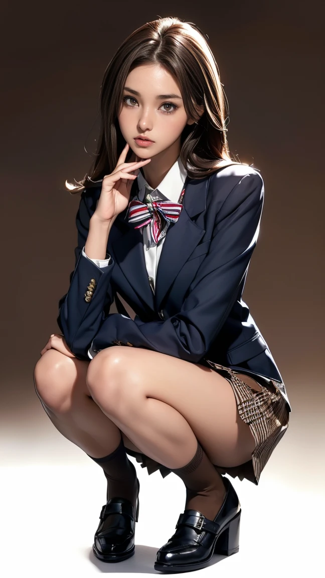 Top Quality, Photorealistic, 8K, High Definition, 1 Girl, Female, (1.8), School, Schoolgirl, Blazer, Uniform, Pubic hair visible, No panties, Skirt boldly pulled up, ((Sit in chair and legs wide open)), Bend your knees and open your legs, Slightly shorter hairstyle, Grab your knees with your hands to open your legs, Buttoned shirt flutters