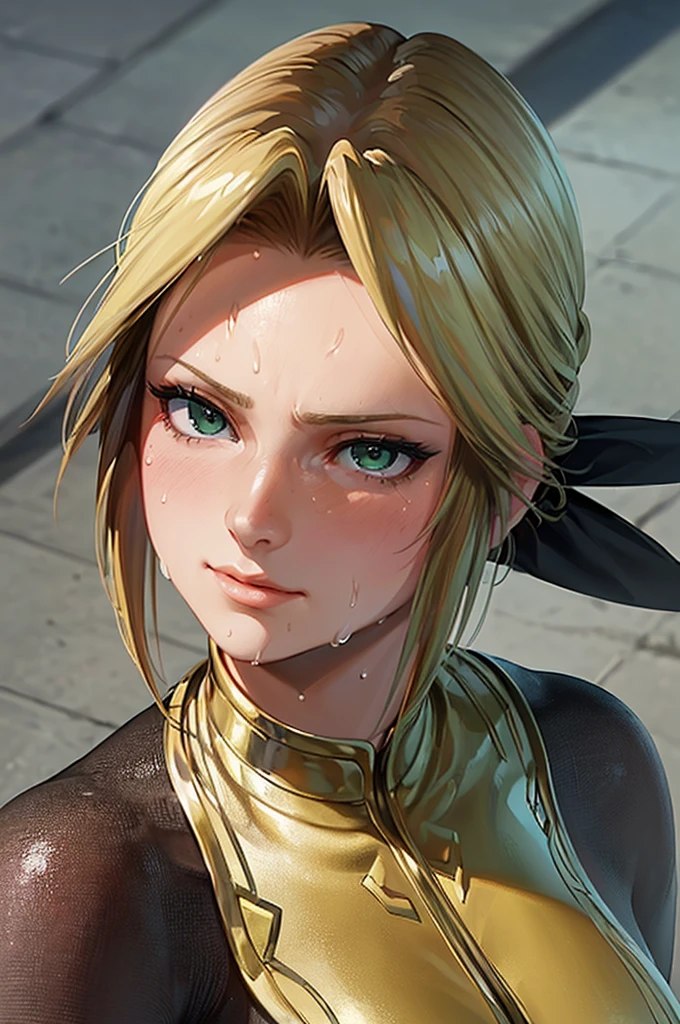 1girl,solo,super detailed skin,shiny skin,wet oily skin,smile face,eyelashes,blue eyes,blonde hair,bangs pinned back,asymmetrical bangs,side braid ,large breasts,ninja style,rubber bodysuit,cowboy shot,simple background,masterpiece,best quality,ultra detailed,high resolution,sharp focus,depth of field