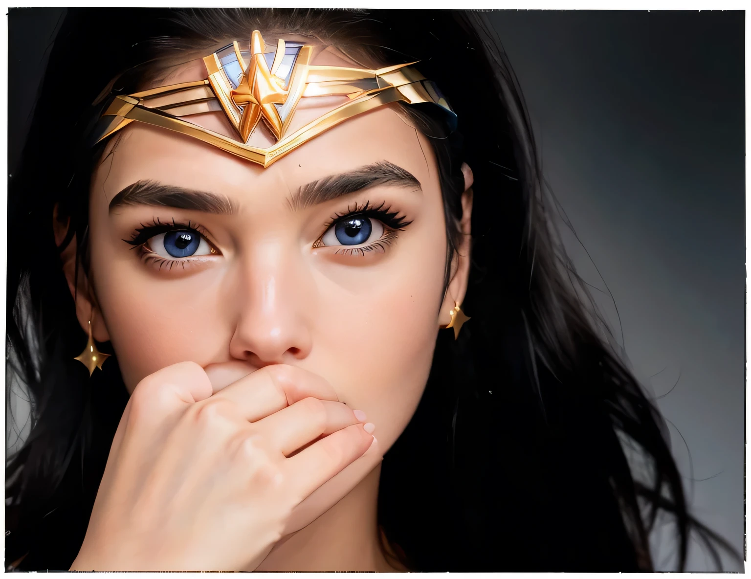 (best quality, masterpiece:1.2) 1girl woman in her 40 years, face close-up, long black hair, blue eyes, (covering mouth:1.2), (surprised:1.5), star earring, wonderwoman as gal gadot, wearing golden tiara, metal background, realistic