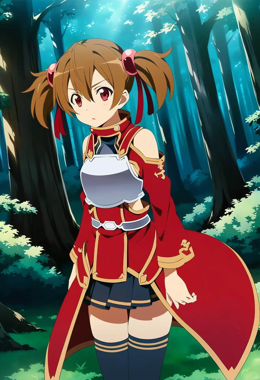 silicabase, brown hair, short twintails, red eyes, armor, pleated skirt, thighhighs, bare shoulders, breastplate, hair ribbon, 1girl, solo
BREAK
standing, outdoors, dense forest, dappled sunlight, depth of field, cinematic, game cg, anime screencap, official art, masterpiece, best quality
