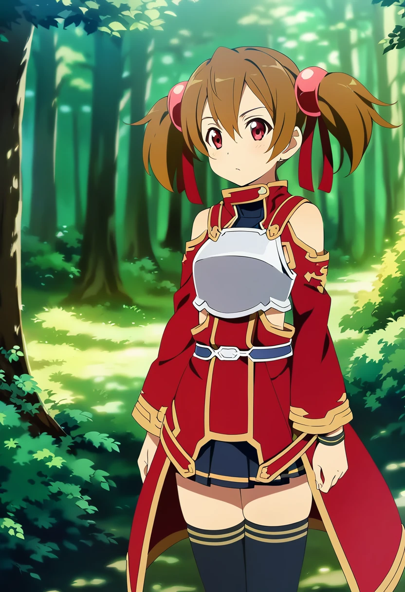 silicabase, brown hair, short twintails, red eyes, armor, pleated skirt, thighhighs, bare shoulders, breastplate, hair ribbon, 1girl, solo
BREAK
standing, outdoors, dense forest, dappled sunlight, depth of field, cinematic, game cg, anime screencap, official art, masterpiece, best quality
