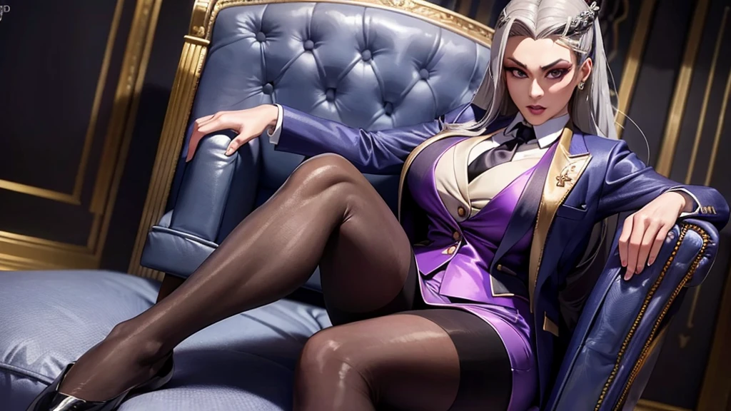 1 woman, SFV, perfect lighting, busty, gray hair, Sindel's Hair, long hair pulled back, Long, straight hair at the back, multicolored hair, Sindel, 8K, perfect hands, ((masterpiece)), black suit with skirt, satin suit and tie, (((three piece suit))), silk shirt, Shirt and tie, Silk tie, ((blazer)), open jacket, ((Vest)), Fitted miniskirt, tights, pocket square, Tie clip, | | micro vestido, mother, sitting on the throne, queen, empress, crossed feet, upper class, a sneer, disgust