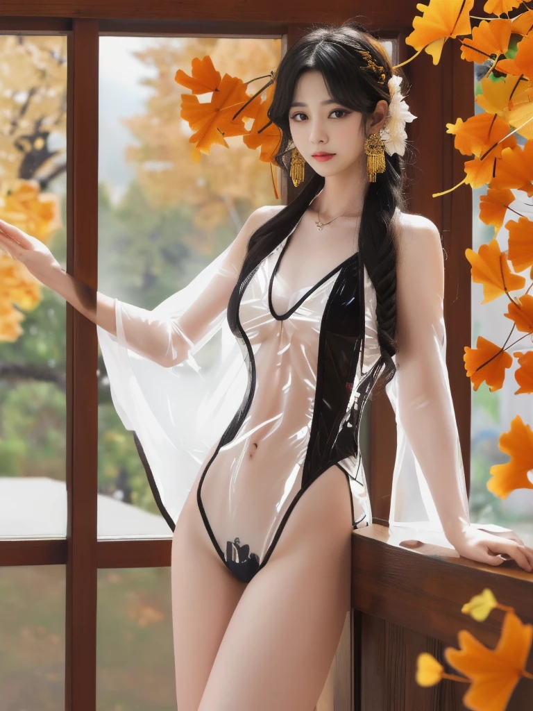 一个有着美丽脸庞的Sexy中国华裔女孩, Wear a transparent men&#39;s shirt, ((Glowing blue iris,))
(((night, Indoor hot spring ,Ginkgo trees in autumn, Ginkgo leaves all over the ground))), 
((8K Ultra HD, 8K, Ultra high resolution, best quality, Super Fine, Clear focus. Masterpieces, complete pattern, Ultra HD, Detailed photos, Best image quality，Ultra-clear，Delicate facial features，Well-defined, Highly rated works, Close-up depth of field photography, Above the knee, bilateral symmetry)), 
((Creating the image of a real girl), Realistic shadows, Soft lighting, Dynamic Angle, Dynamic poses, Elegant Posture, Cowboy lens, Full body front view, Be confident, Facing the camera, Eyes looking towards camera lens, Standing posture, Open your legs slightly, Golden Ratio Graphics, Minimalism, Center the character), 
( Smile, Sexy的, Balanced Eyes, Realistic eyes, eyes in beautiful detail,Pretty Face, (Realistic face), Normal facial features, Realistic skin, Attention to skin details, Skin is clean and radiant, Whitening, Anatomically correct body, Golden ratio figure, Sexy的身材), 
(Perfect makeup, Gloves, earrings, bracelet, necklace, Jewelry, Hair accessories, shawl, sock, Knee socks, 吊garter, Leg ring, garter, 腿部garter), 
((beautiful hair), Deep black hair, Wavy curly hairstyle, Waist-length hair, Messy Hairstyle, Gradient hairstyles, Cyberpunk hairstyle, Double high ponytail hairstyle), 
((Transparent clothes: 1.5), (Revealing clothes: 1.5),  (Wet clothes:0.5), (Color of clothes: Dreamy pink), Wear transparent clothing), 
(Sexy的, Perfect breast shape, Teardrop chest shape, Snow-white breasts, very detailed breasts, 36B cups), 
(Super high waist, Deep V, Low-cut, Sexy, Flattering, Open crotch, (Camel toe, High fork strangulation))