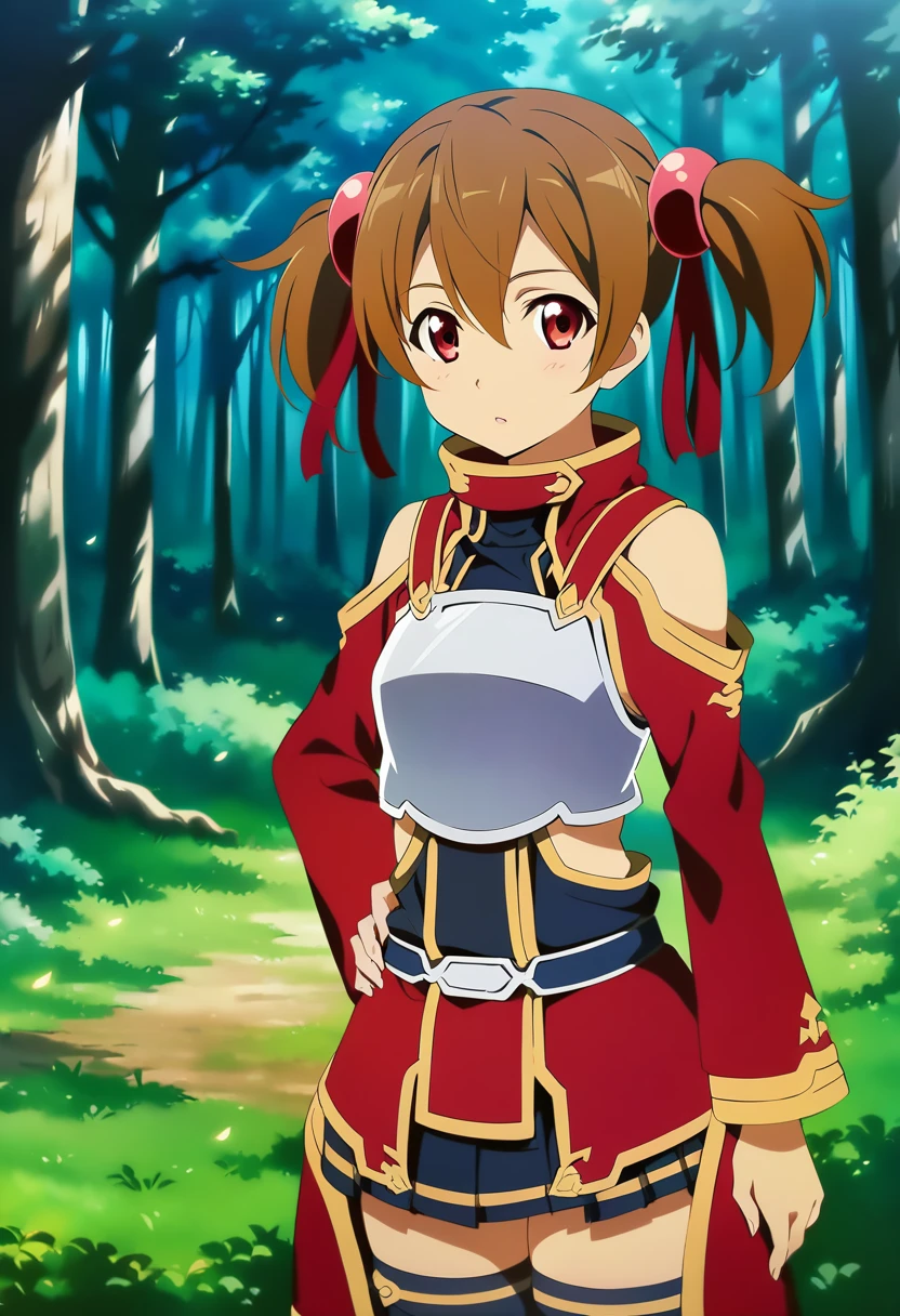 silicabase, brown hair, short twintails, red eyes, armor, pleated skirt, thighhighs, bare shoulders, breastplate, hair ribbon, 1girl, solo
BREAK
standing, outdoors, dense forest, dappled sunlight, depth of field, cinematic, game cg, anime screencap, official art, masterpiece, best quality
skirt lift, showing viewer panties