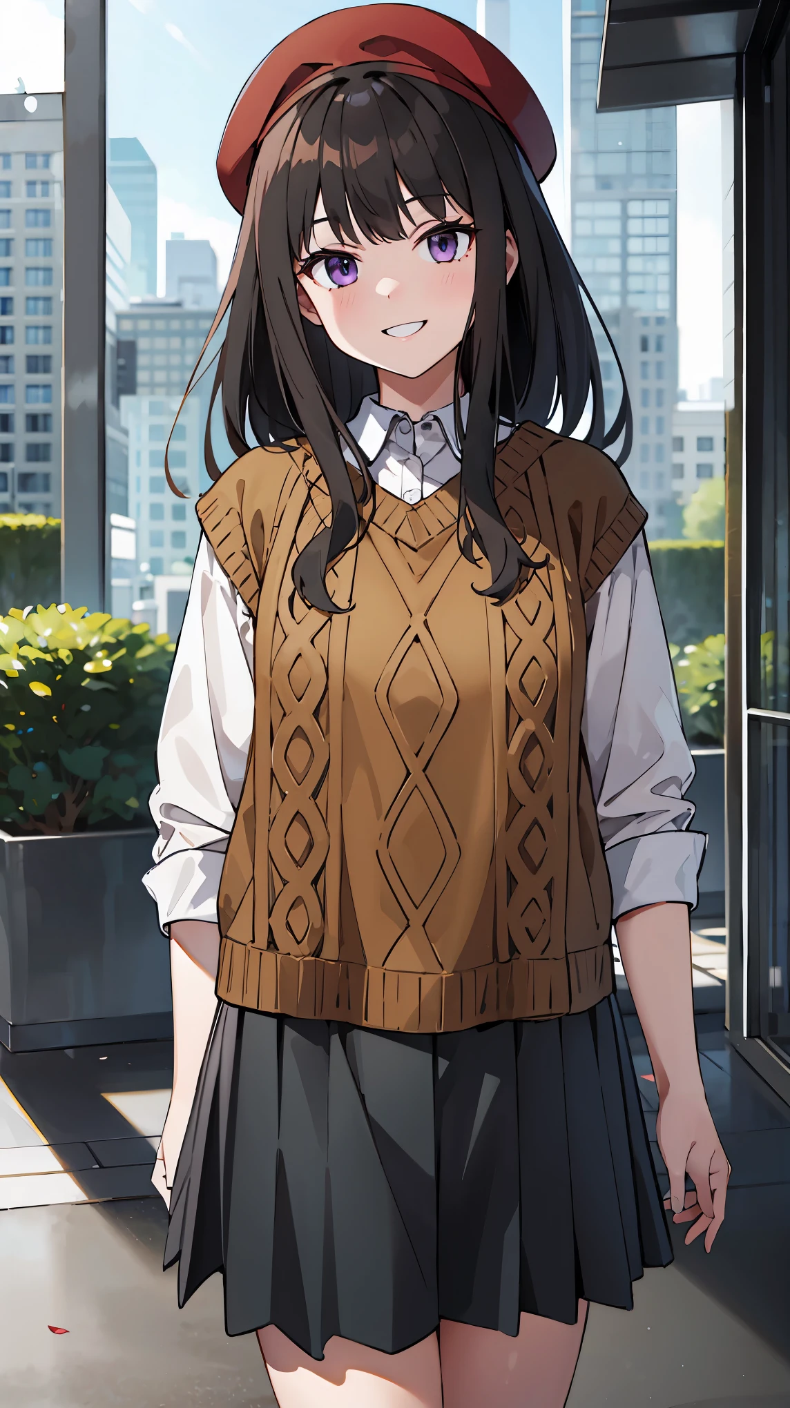 ((masterpiece, best quality, highres)), depth of field, 
BREAK, 1girl, standing, cowboy shot, smile
BREAK, (outdoor, city),   
BREAK, takina inoue, purple eyes, black hair, 
BREAK, long hair, beret, sweater vest, pleated skirt, long skirt