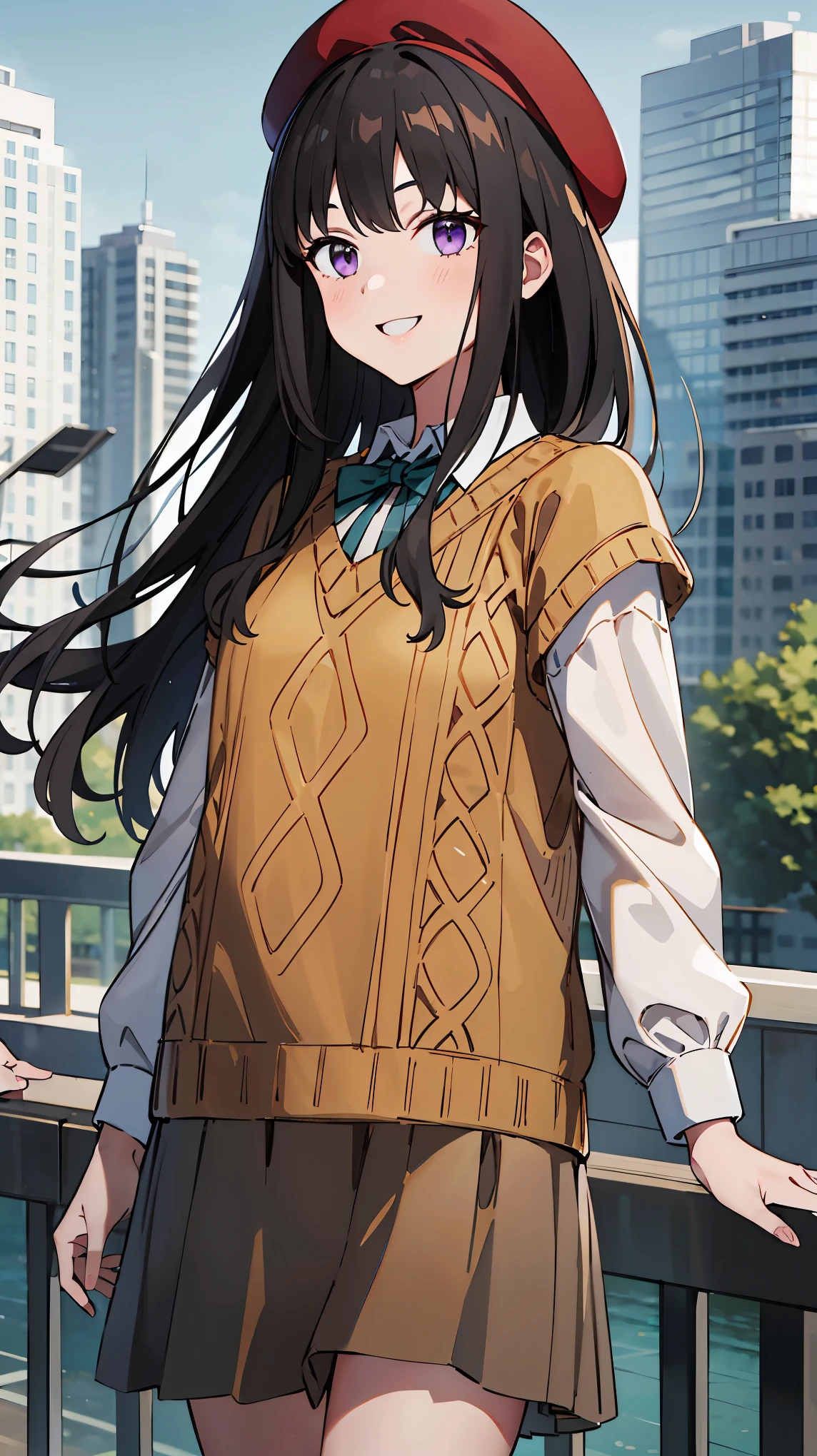 ((masterpiece, best quality, highres)), depth of field, 
BREAK, 1girl, standing, cowboy shot, smile
BREAK, (outdoor, city),   
BREAK, takina inoue, purple eyes, black hair, 
BREAK, long hair, beret, sweater vest, pleated skirt, long skirt