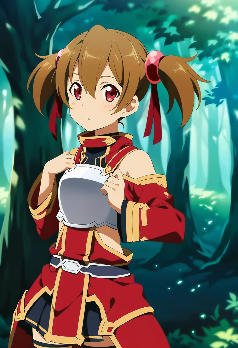 silicabase, brown hair, short twintails, red eyes, armor, pleated skirt, thighhighs, bare shoulders, breastplate, hair ribbon, 1girl, solo, red clothing
BREAK
standing, outdoors, dense forest, dappled sunlight, depth of field, cinematic, game cg, anime screencap, official art, masterpiece, best quality
skirt lift, showing viewer panties