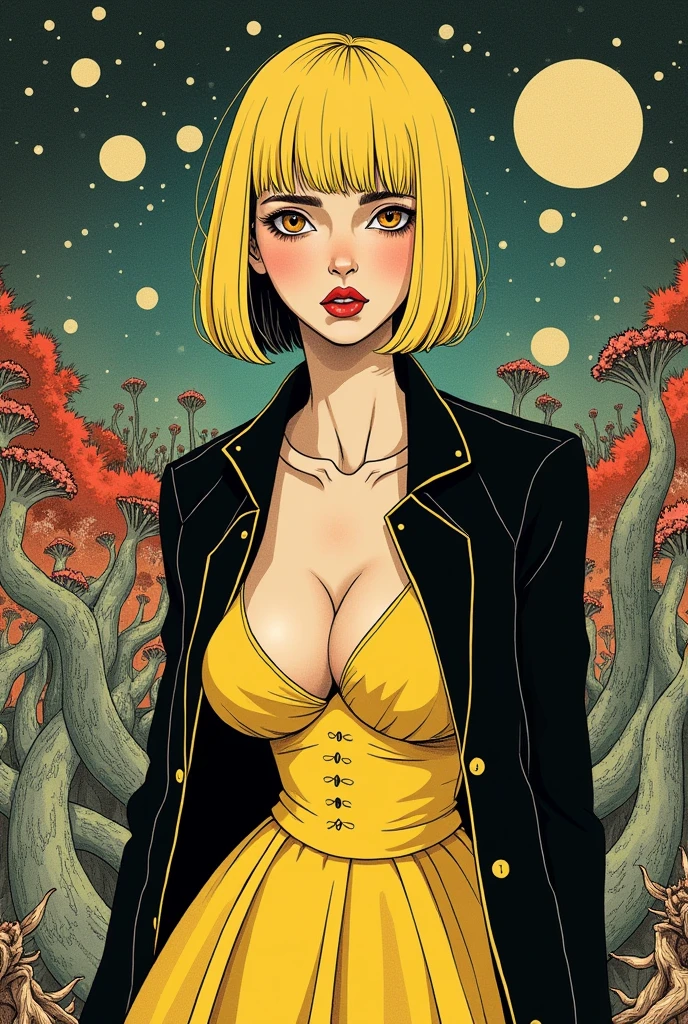 Rear view, (Madness, Illustration, Detailed, Fine Lines, Psychedelic, Detailes, Best Quality). blonde, bob haircut, brown color eyes, round face, black jacket, yellow dress, three size breasts