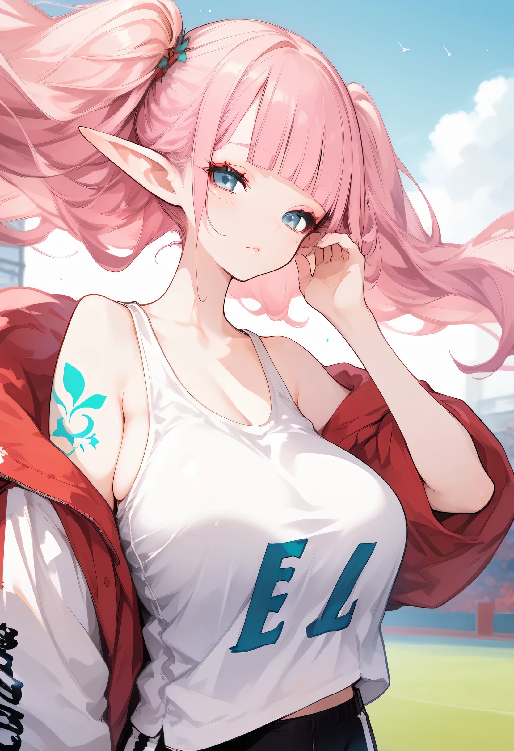 solo,eyeshadow,lip,Shiny eyelashes,pink hair,mature woman,blonde hair,((upper body)),(( straight hair)),(elf),((blunt bangs)),(Half Color hair), Twintail hair, tattoo, tank top, jersey pants,egirl_outfit ,huge breasts,gym,