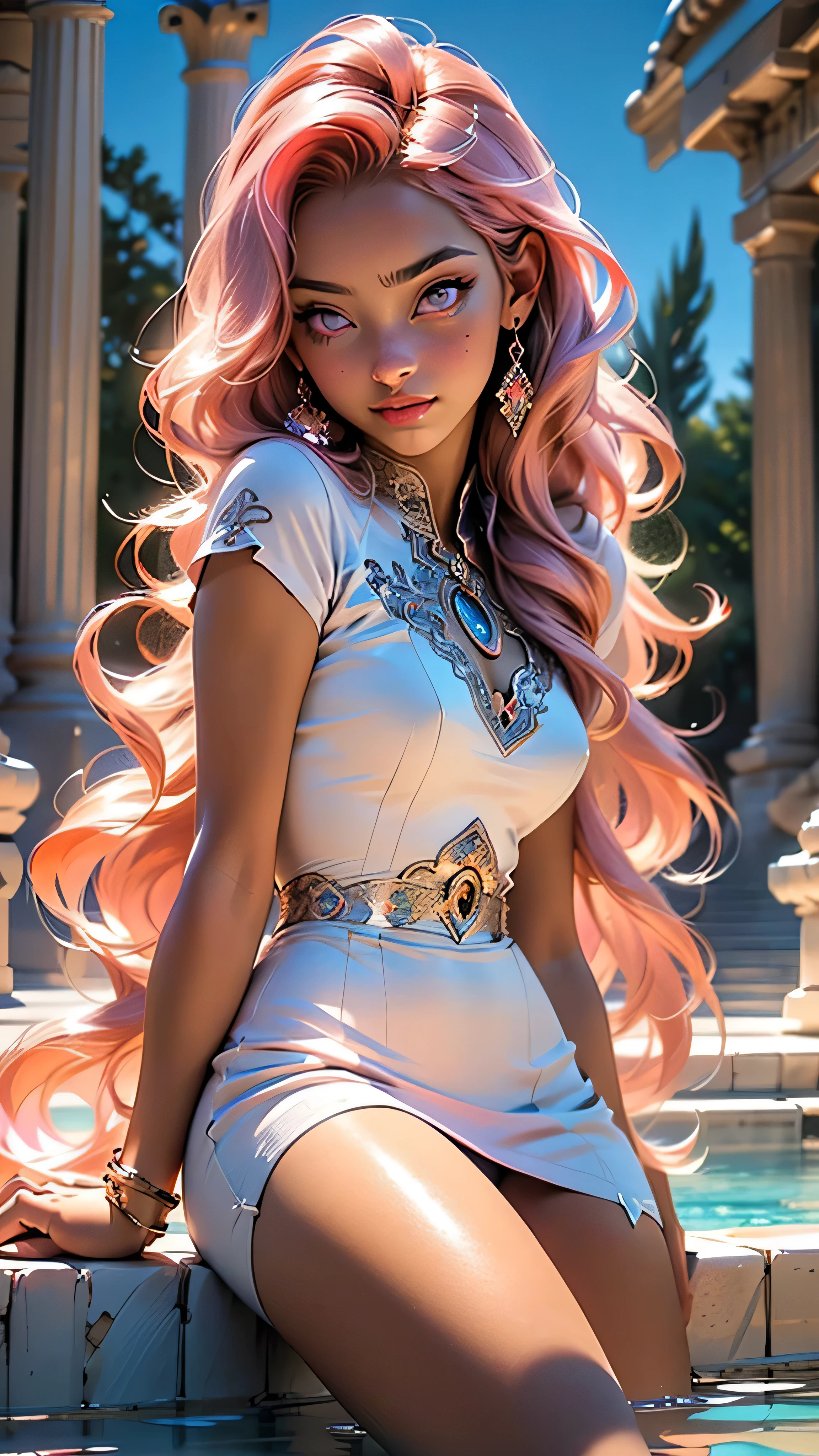 (((PINK hair, [white hair]))), ultra realistic 8k CG, perfect face, flawless, clean, masterpiece, professional artwork, famous art, cinematic lighting, cinematic flower, perfect face, beautiful face, beautiful eyes, (((perfect female body, narrow waist))), beautiful queen, royal, divine, goddess, (royal palace), fantasy, dreamlike, unreal, science fiction, (huge breasts), beautiful clothes, lace, lace trim, lace legwear,  nsfw, breasts out, absurdly long hair, very long hair, (rich: 1.4), prestige, luxury, jewelry, diamond, gold, pearl, gem, sapphire, ruby, emerald, intricate detail, delicate pattern, sexy, charming, seductive, seductive, erotic, charming, hair ornament, necklace, earrings, bracelet, armband, looking at the viewer,