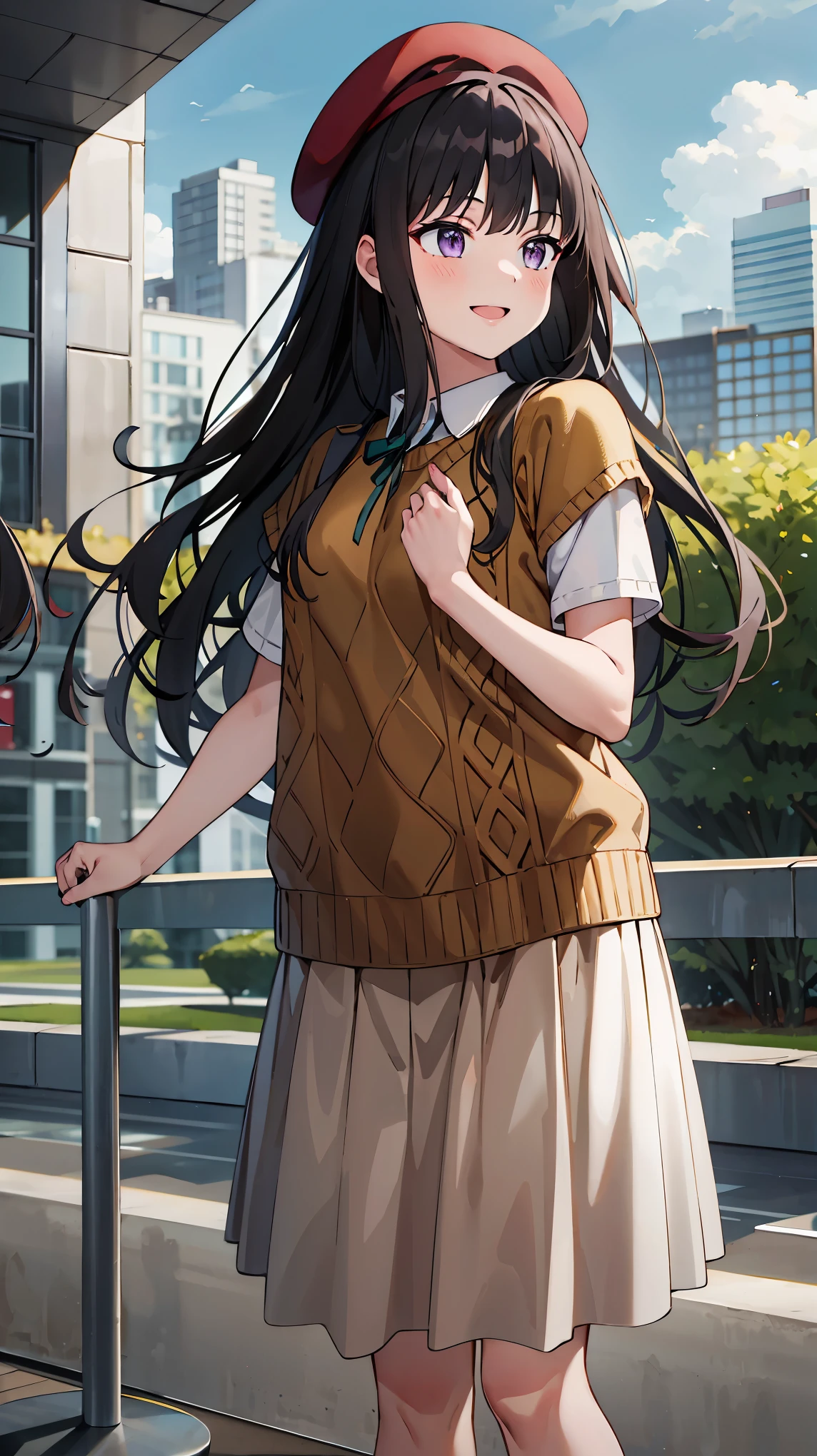 ((masterpiece, best quality, highres)), depth of field, 
BREAK, 1girl, standing, cowboy shot, smile
BREAK, (outdoor, city),   
BREAK, takina inoue, purple eyes, black hair, 
BREAK, long hair, beret, sweater vest, pleated skirt, long skirt