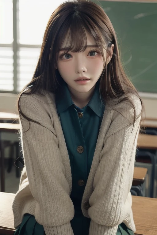 Extremely detailed depiction, masterpiece, Highest quality, Highest quality, High resolution, 4K, 8k, RAW Photos, (Very aesthetic, Beautiful and aesthetic), One girl, Make eye contact, Upper Body, Arina Hashimoto,  , looking at viewer、school uniform, Cardigan, pleated skirt, and knee-high socks、、blunt bangs、side bangs、straight hair、,classroom, desk, (timid:1.1),(spineless:1.2), (humble face :1.3),(tremble with embarrassment:1.3),(flying sweat:0.9),(panic:1.2),