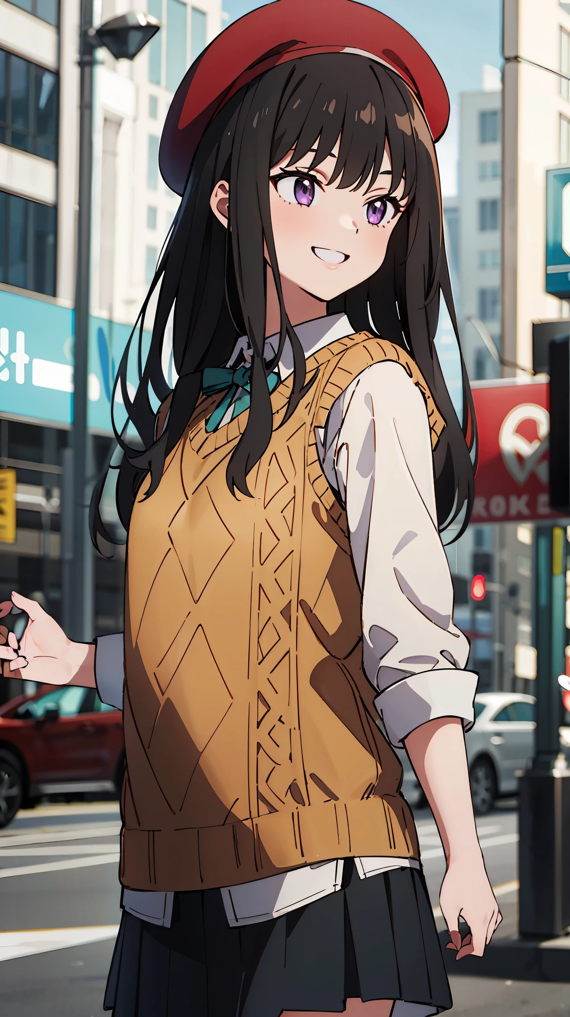 ((masterpiece, best quality, highres)), depth of field, 
BREAK, 1girl, standing, cowboy shot, smile
BREAK, (outdoor, city),   
BREAK, takina inoue, purple eyes, black hair, 
BREAK, long hair, beret, sweater vest, pleated skirt, long skirt