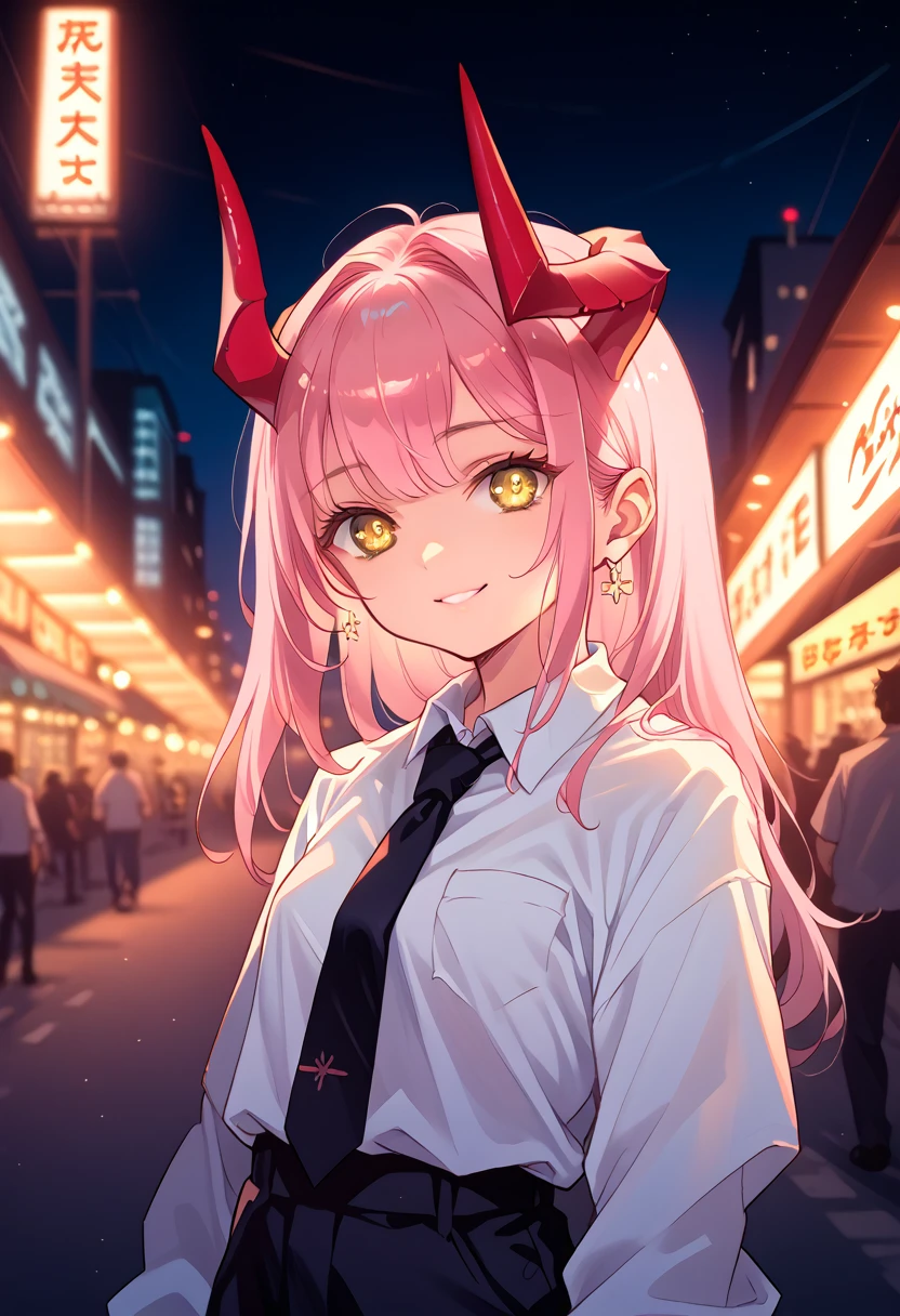 1 girl, long pink hair, red horns, White collared shirt, Black tie, slight smile, yellow eyes, horny_power,, building,shops,city streets, dark sky, traditional landscapes,Neon Signs,night city, Japanese lyrics,, , absurdity, Detailed eyes, extremely detailed, Volumetric lighting, realistic, realistic lighting, 8 K, cinematic lighting, depth of field, ideal, hyper-detailed, photorealistic, ultra realistic, realistic light, hard lighting, complex parts, stop the movement, toning, Sharp Focus, hyper detailed,