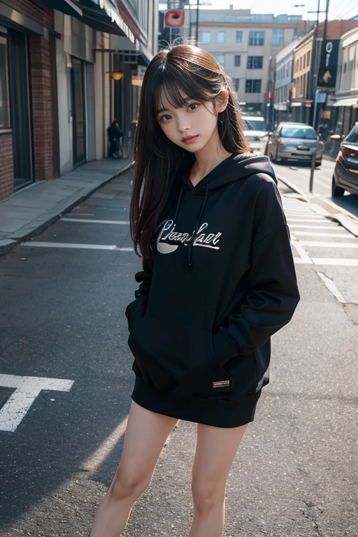 (favorite posing:1.2),View from below:1.2),(1 slim beautiful Korean idol,small breasts,long straight hair,side bangs,symmetry eyes),(black hoodie,barelegs),(at street),BREAK,8k,Realistic photo style,Photorealistic, Realistic, surreal,Best image quality, High resolution, Highest quality,cinematic, Intricate details,Ultra-fine detail, True light and shadow,Shots from the film, Professional Color Grading,Sharp focus, Film Grain,High Dynamic Range, charm, The most detailed skin texture